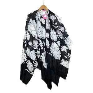 New Kate Spade Floral‎ Print Open Gerbera Ruana One Size Black/White